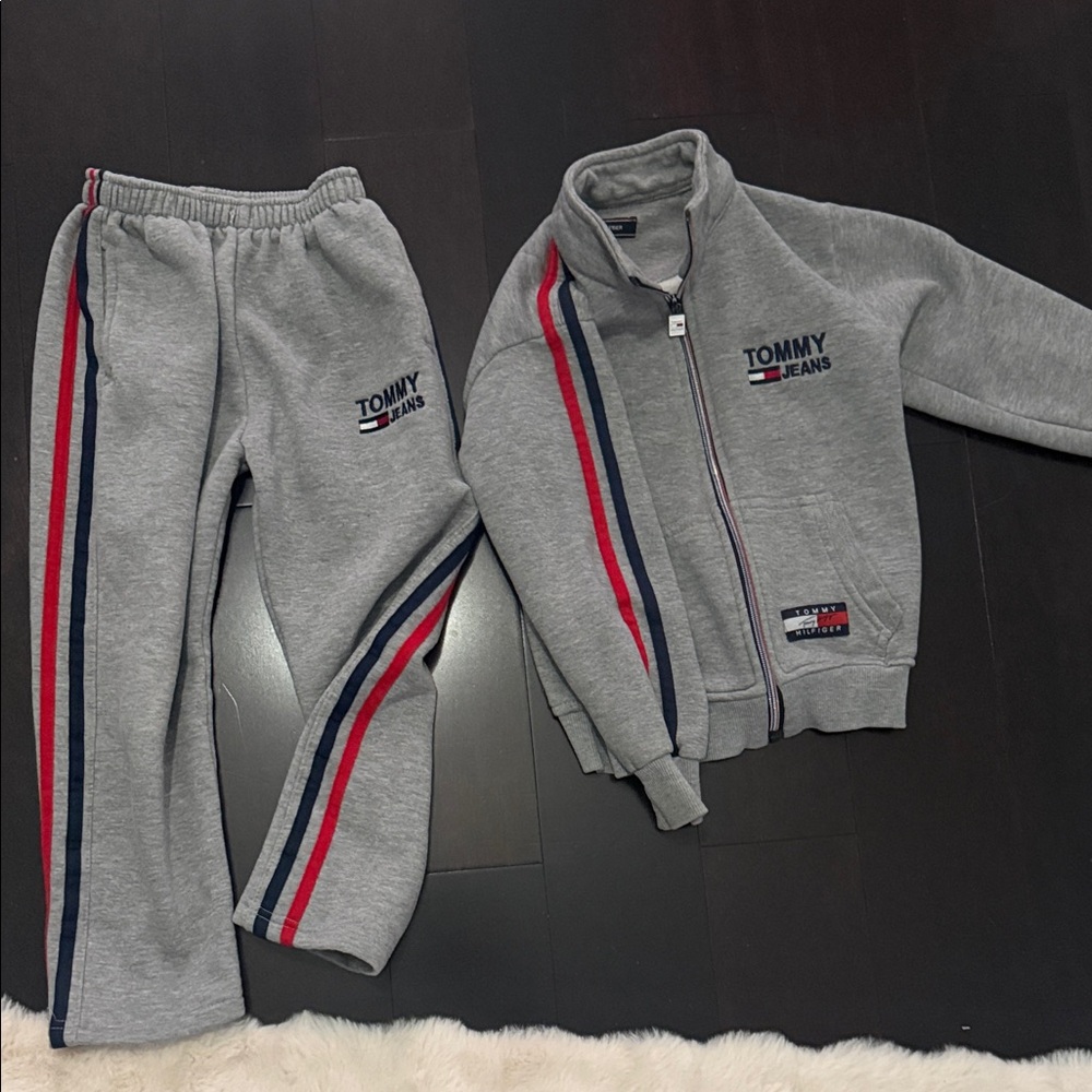 Tommy JEANS Kids Gray Joggers set with Red and Blue Stripes